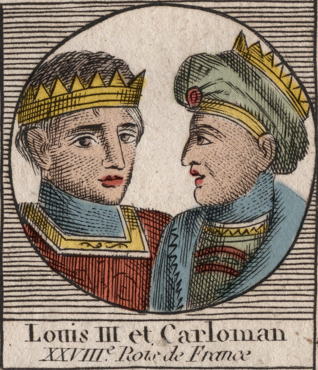 Portrætter af Ludvig III (863/65-882) Frankernes Konge mellem 879 og 882 og Karl II (866-884), Frankernes Konge fra 879 til Frankrig - gravering fra “Instruction on History d af Unknown artist