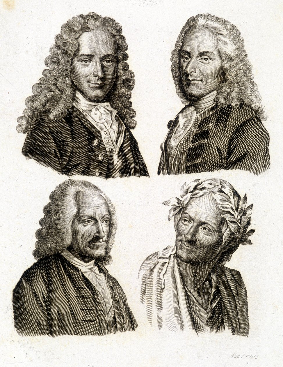 Portrætter af Voltaire i forskellige aldre - gravering af Unknown artist