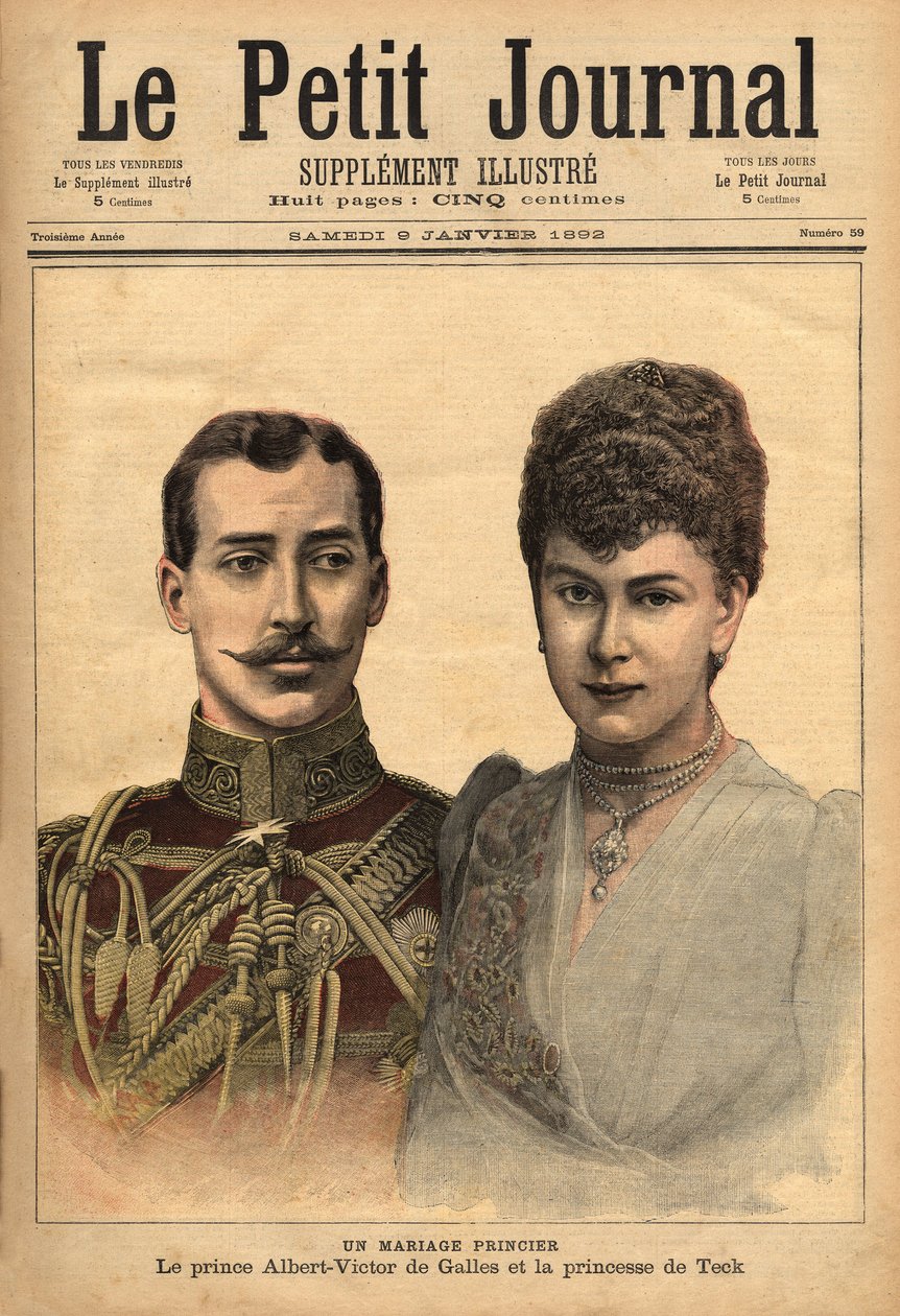 Portrætter i anledning af annonceringen af deres ægteskab af prins Albert Victor, hertug af Clarence og Avondale med Mary of Teck, Le Petit Journal, 9/01/1892 af Unknown artist