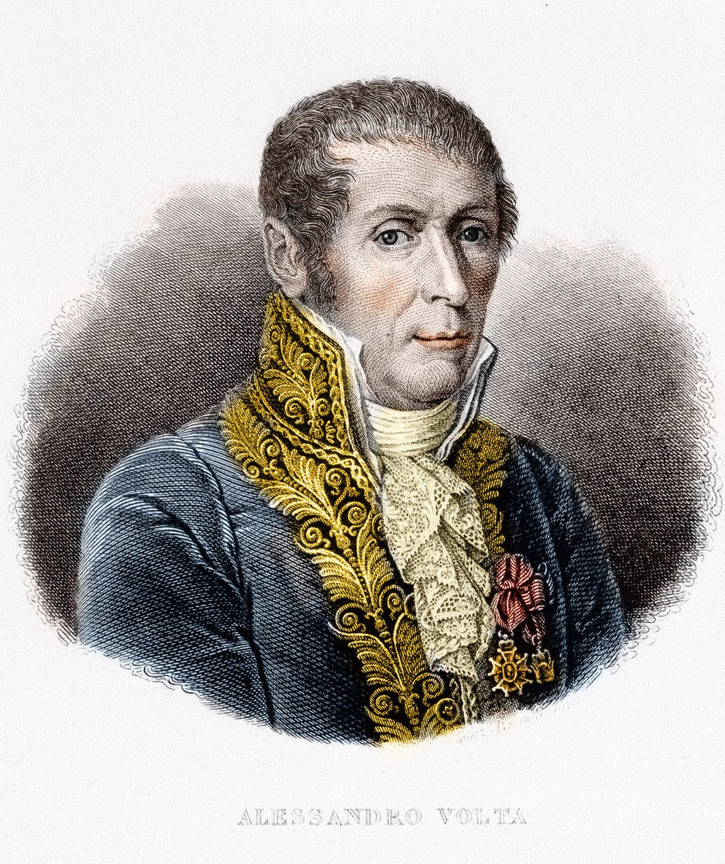 Portræt af Alessandro (Alexandre) Volta (1745 - 1827). Italiensk fysiker, opfinder af det elektriske batteri. 1800-tals gravering af Unknown artist