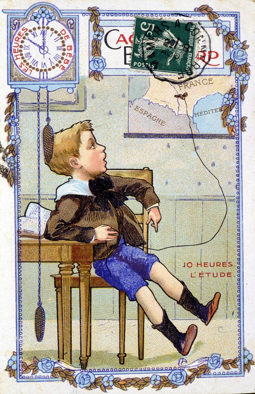 Postkort, der viser forløbet af et barns dag. Klokken 10:00 er barnet i skole. af Unknown artist