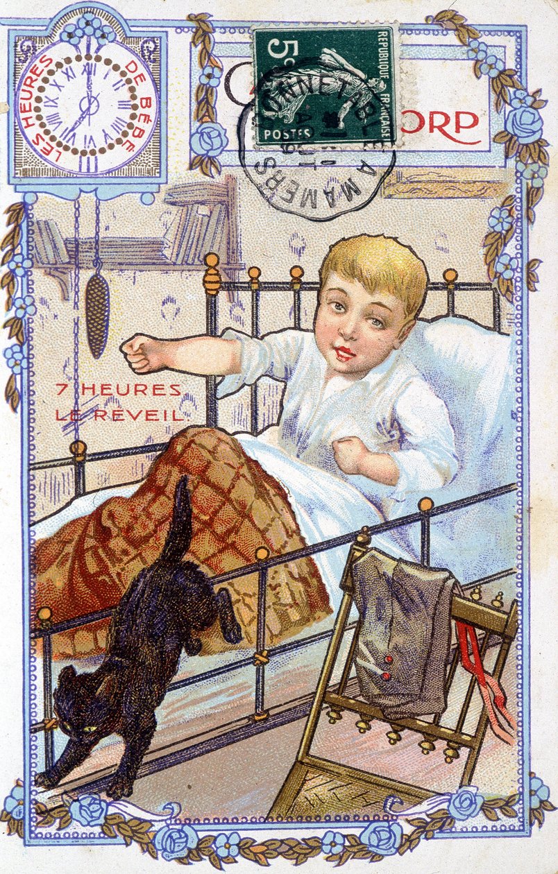 Postkort, der viser forløbet af et barns dag. Ved 7-tiden vågner barnet. af Unknown artist