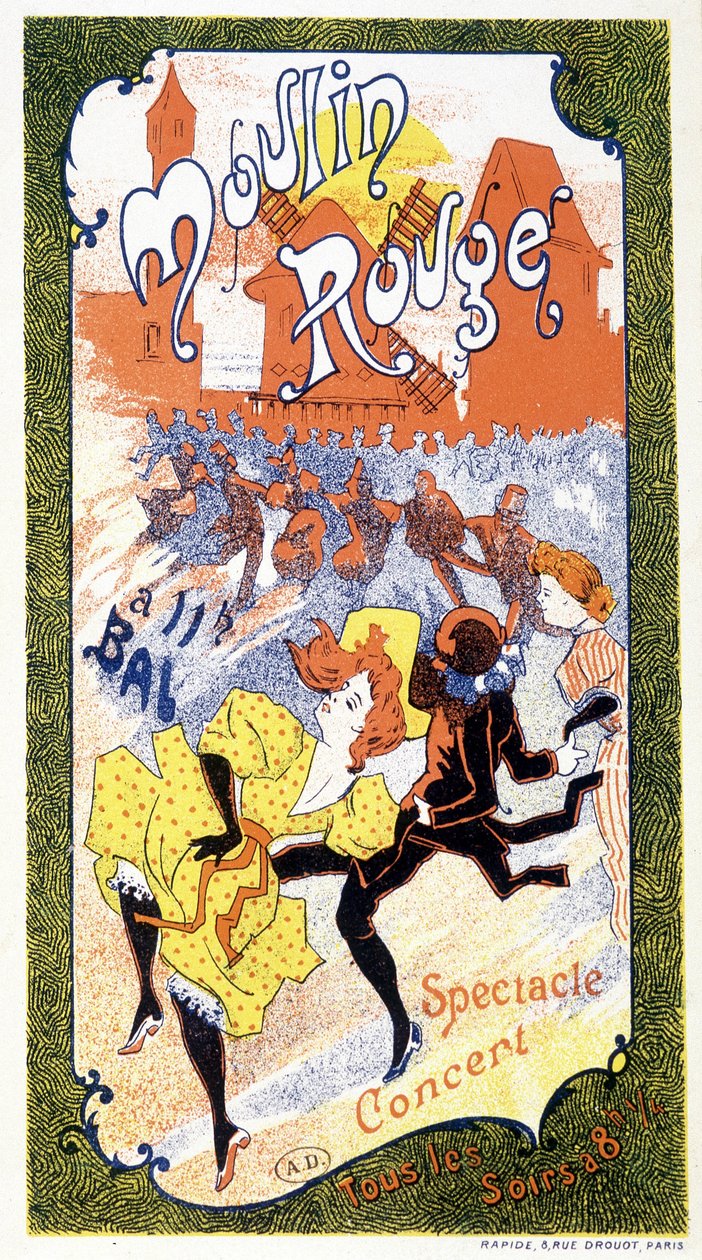 Plakat, der annoncerer ""koncerterne"", der finder sted hver aften i Moulin Rouge, Paris af Unknown artist