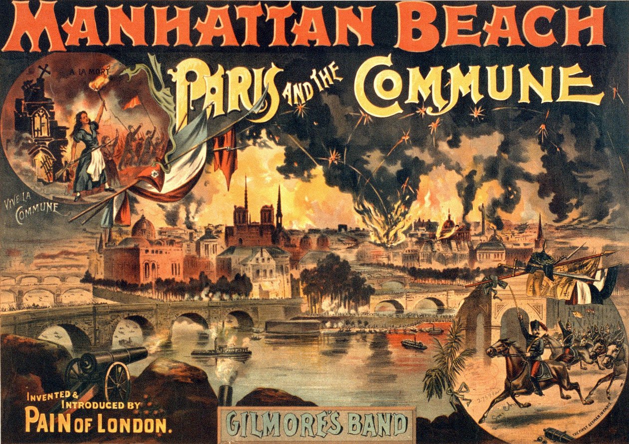 Plakat af showet "Paris et la Commune" på Manhattan Beach af Gilmores Band, sd. omkring 1891. af Unknown artist