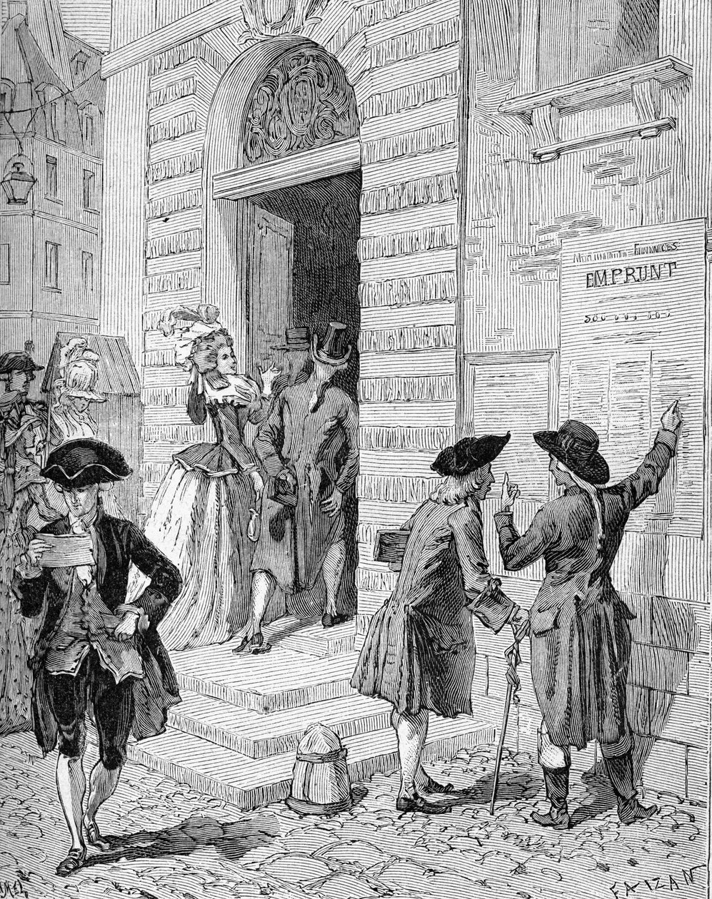 Plakat sat på plads af finansministeren og generalkontrolløren Charles Alexandre (Charles-Alexandre) de Calonne (1734-1802) og tilskyndede til et lån. Indgravering af det 19. århundrede. I "Histoire de France" af Jules Michelet af Unknown artist