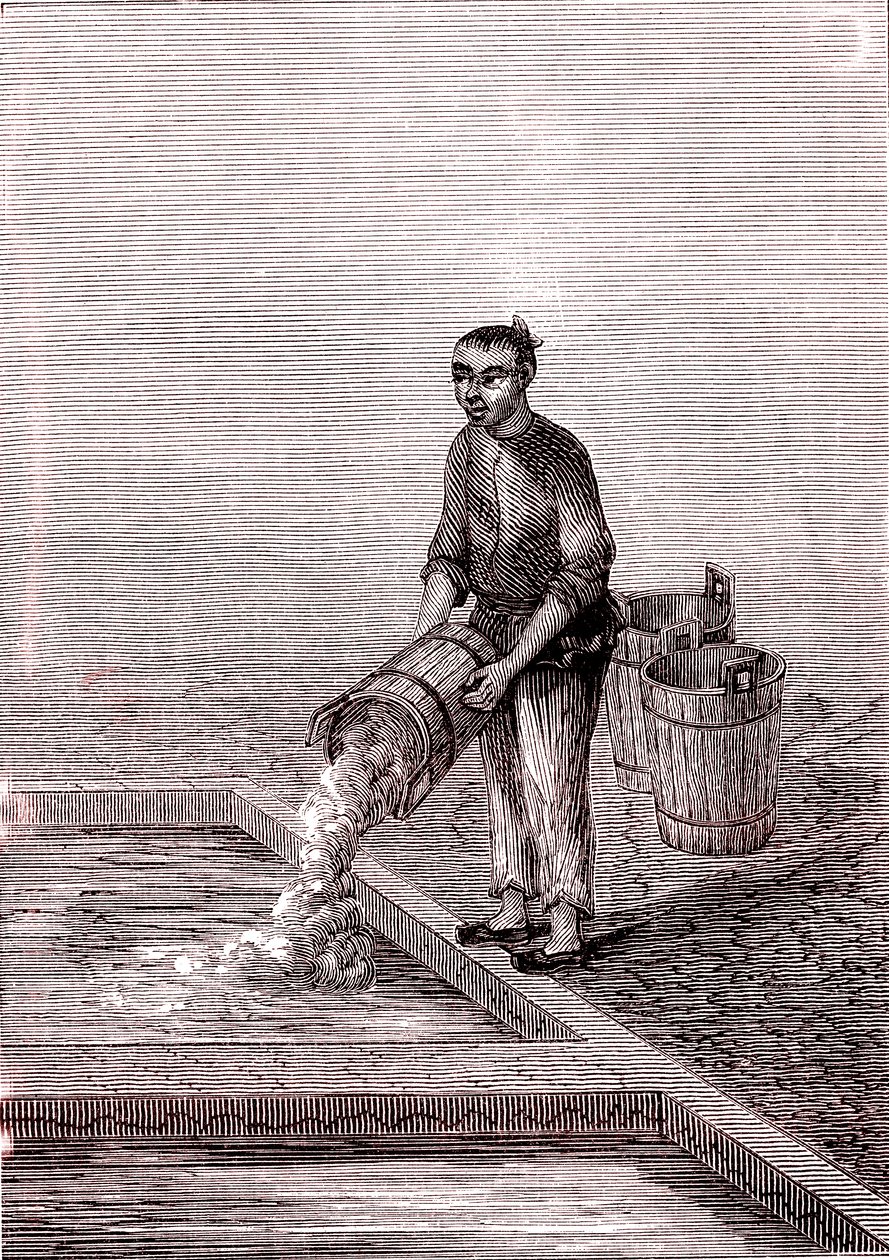 Hældning af kalk i bassinet, papirfremstilling i Kina (3. århundrede f.Kr.) (gravering) af Unknown Artist