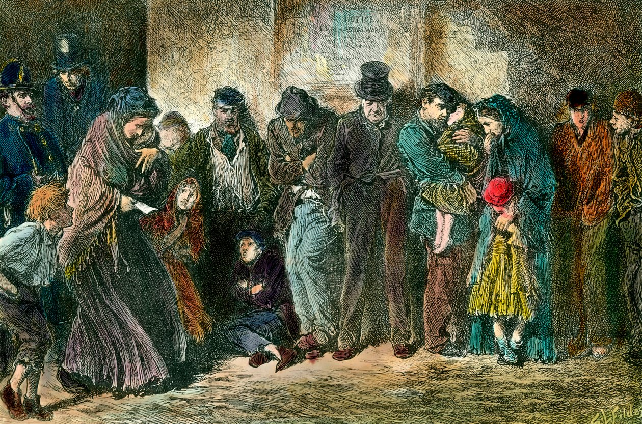 Fattigdom i London ved døren til et krisecenter Fattige og sultne familier står i kø foran et hjem. Stik fra 1869. Privat Samling af Unknown artist