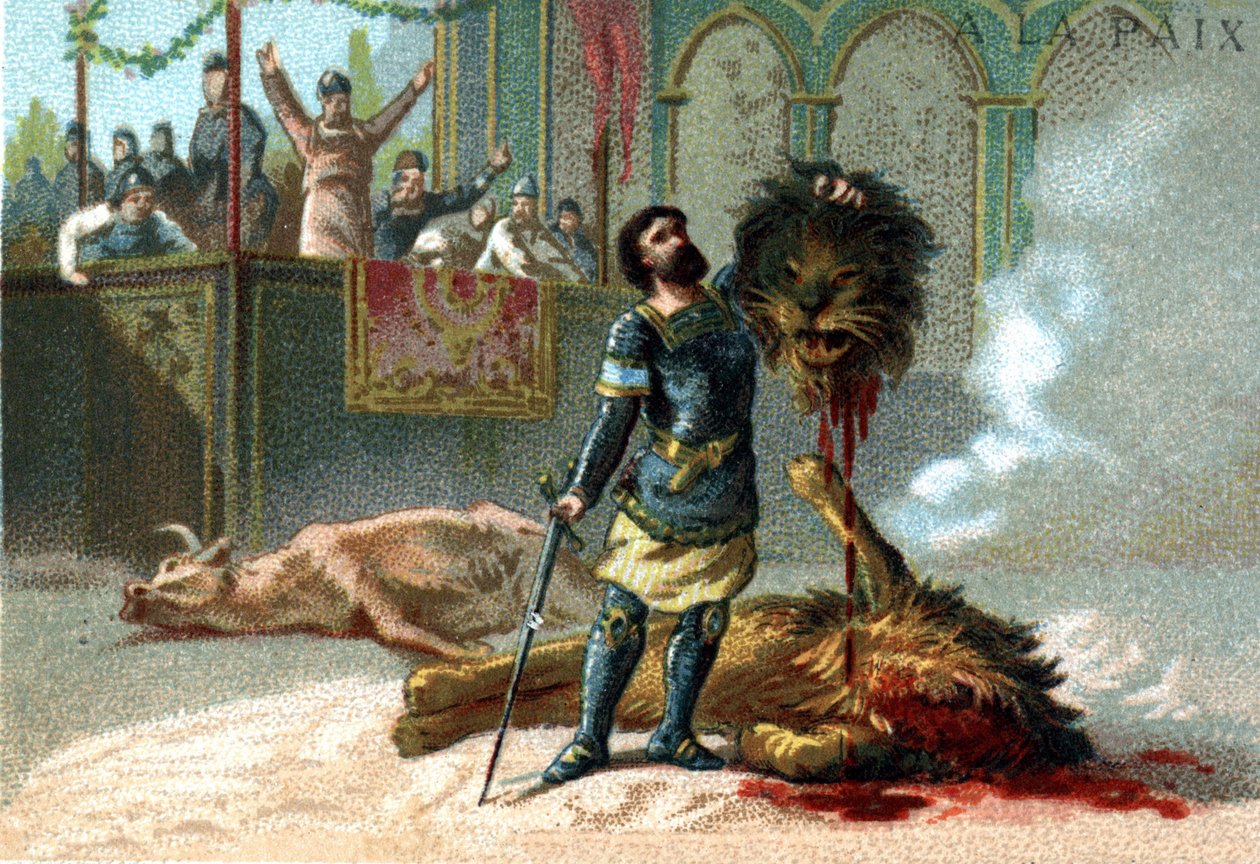 Pépin le Brief (715-768), kongen af frankerne, kæmper mod en løve og en tyr under de fester, der blev givet for at fejre hans kroning i 751. af Unknown artist