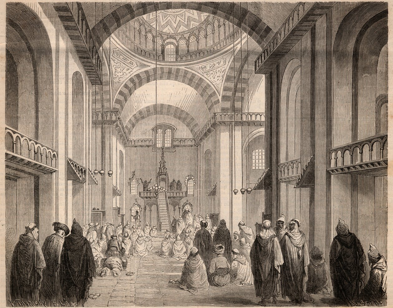 Ramadanens bønner (Muslim Careme) i den store moské i Algier i 1862. Indgravering i "" Le Monde illustrious"" fra 1862. Privat samling. af Unknown artist