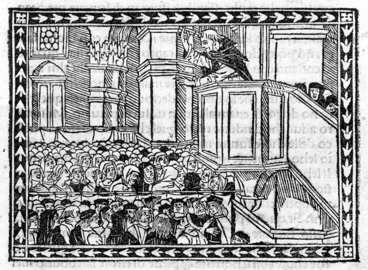 Forkyndelse af G. Savonarola (Jerome Savonarola) (1452 - 1498) - i "" Compendium of Revelatione"", inkunabel af 23/4/1496. af Unknown artist