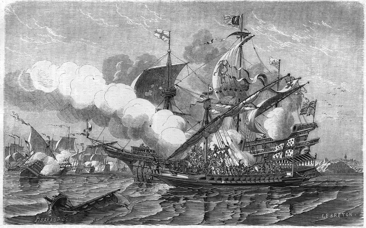 Pregnant angreb den engelske flåde, kommanderet af admiral Edward Howarth, april 1513. Indgravering af det 19. århundrede. af Unknown artist
