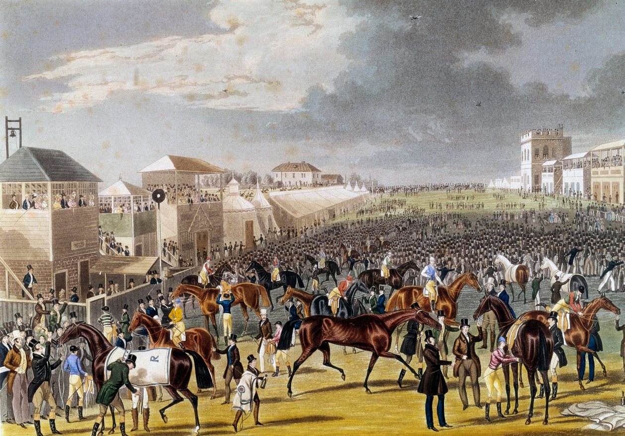 Forberedelser til et Epsom-løb (Epsom Oaks: engelsk hestevæddeløb). Indgravering af privatsamlingen fra det 19. århundrede af Unknown artist