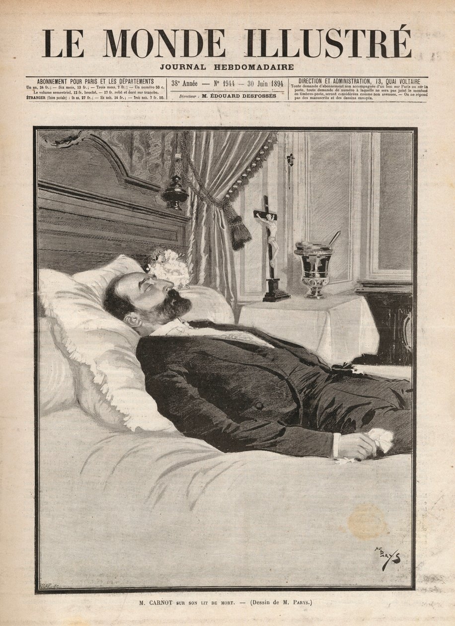 Republikkens præsident Sadi Carnot (1837-1894) på sit dødsleje, i en sammenhæng med fagforeninger og anarkistisk agitation, blev han myrdet den 24. juni på udstillingen i Lyon af Sante Caserio (1873-1894) og senere. Indgravering i "Le monde illustrious"" f af Unknown artist