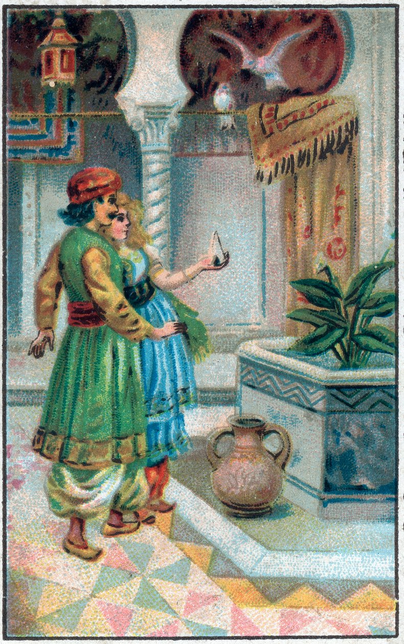 Prins Ahmed med honoraret. Historien om Prins Ahmed og gebyret Paris-Banou (Pari Banou) (Paribanu). Fortælling om 1001 nætter (fortællinger om de tusinde og en nat). Kromolitografi i slutningen af det 19. århundrede. af Unknown artist