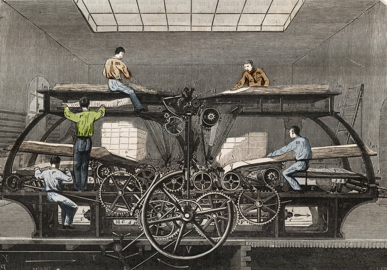 Trykpresse: trykkeri af avisen "" Le Siecle"" i Paris. Indgravering fra 1857 i "" Le Musee Des Sciences"" af Unknown artist