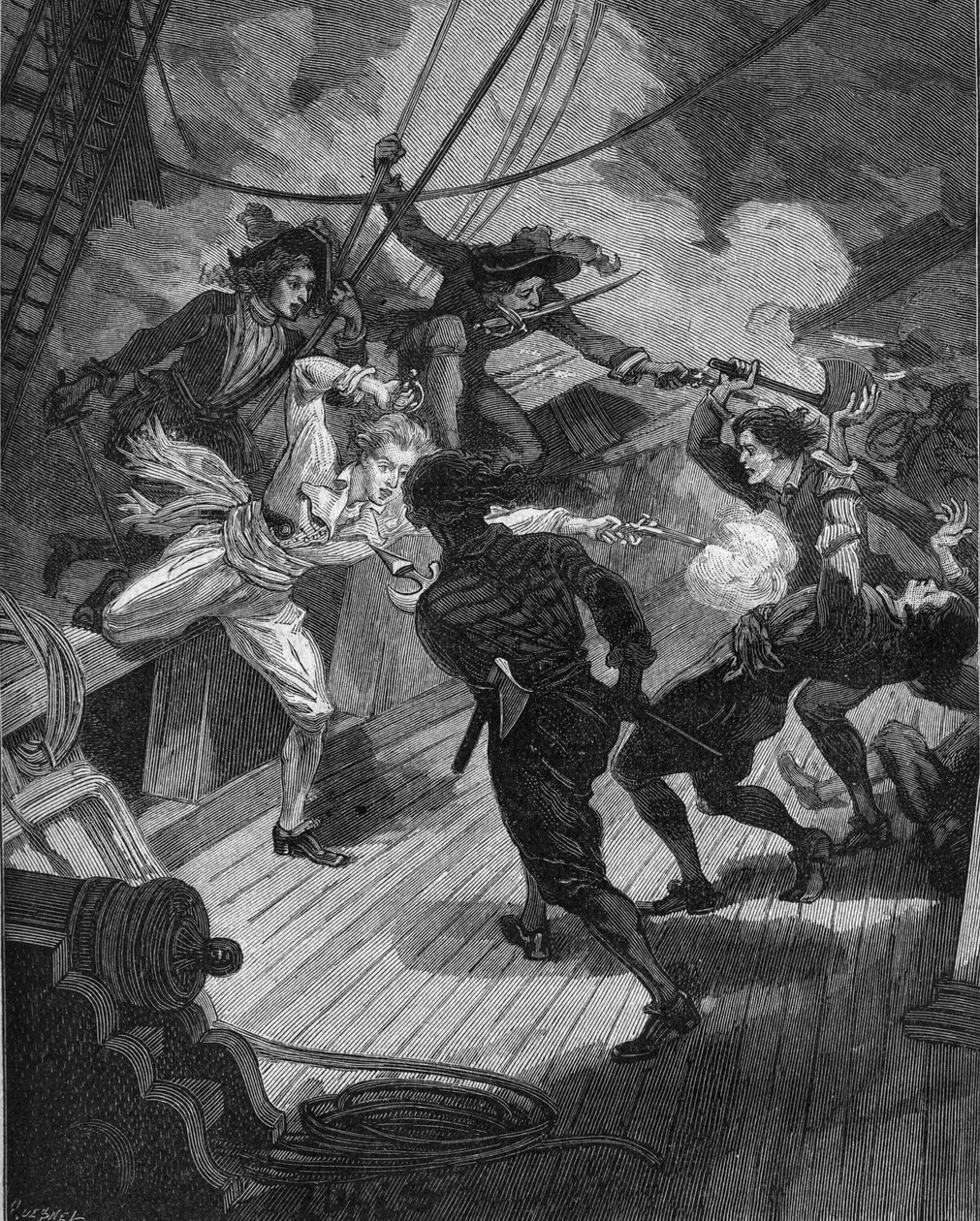 Kaper Jean Bart (1650-1702) nærmer sig et skib. Indgravering af det 19. århundrede. I "Histoire de France" af Jules Michelet af Unknown artist