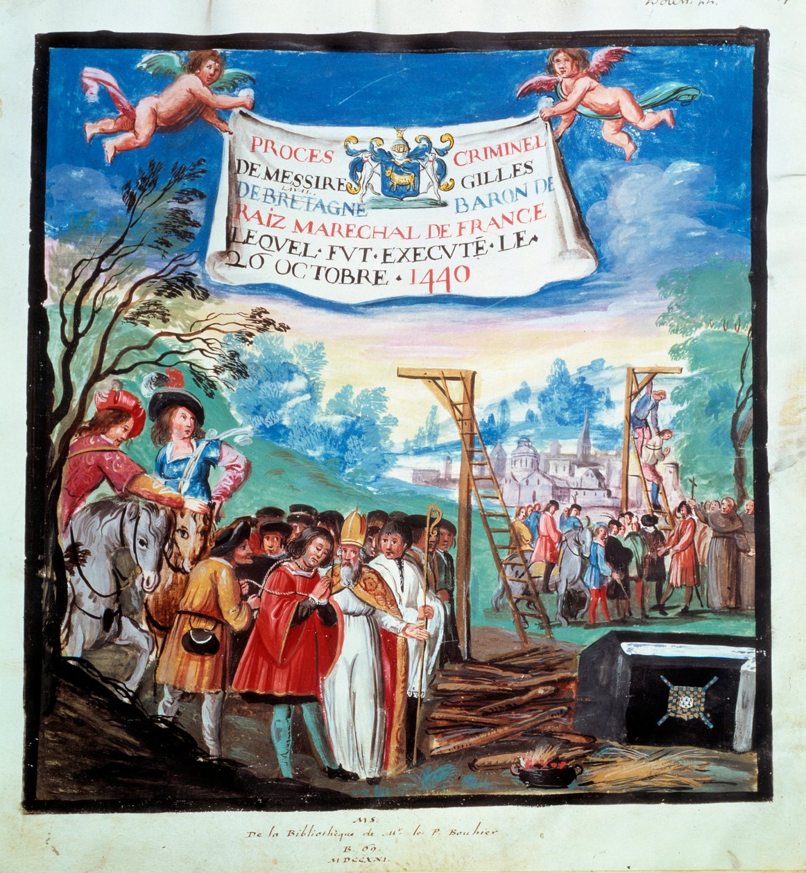 Proces af Gilles de Rais (Retz ou Rays) (1404-1440): "" Henrettelsen, gibet og slagteren""" Han bliver henrettet for mord og kætteri. 1400-tals miniature. Paris, B.N. af Unknown artist