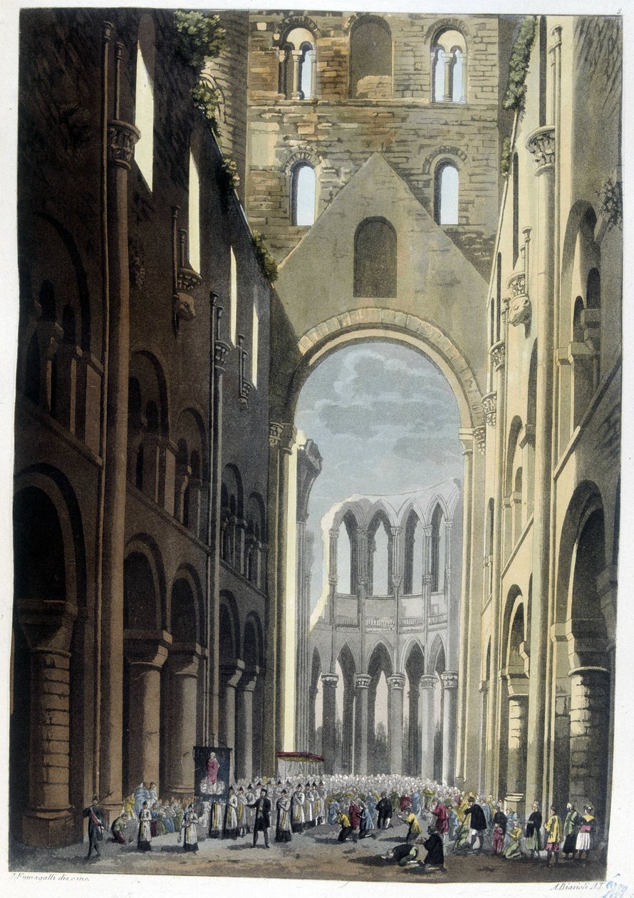 Procession i klosteret Jumieges - i "" Det gamle og moderne kostume"" af Dr. Ferrario, red. Milano af Unknown artist