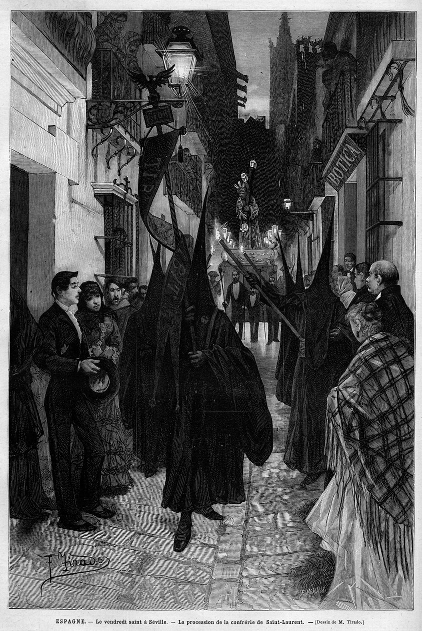 Procession af konferencen Saint Laurent (St. Lawrence) i Sevilla (Spanien) langfredag (helligfredag). Indgravering i "" Le Monde illustrious"" 1883. Privat samling. af Unknown artist