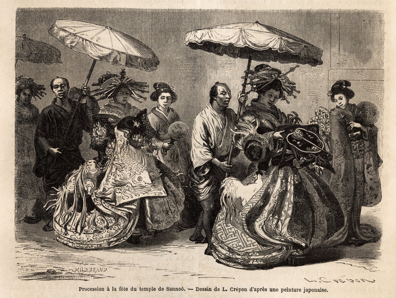 Procession til Sannoo tempelfesten, dedikeret til minde om Zinmou, grundlæggeren af imperiet Great Japan, beliggende i Yedo (eller Edo, det nuværende Tokyo), som finder sted den 15. dag i årets 6. måned. Processionen er pele mele represe af Unknown artist
