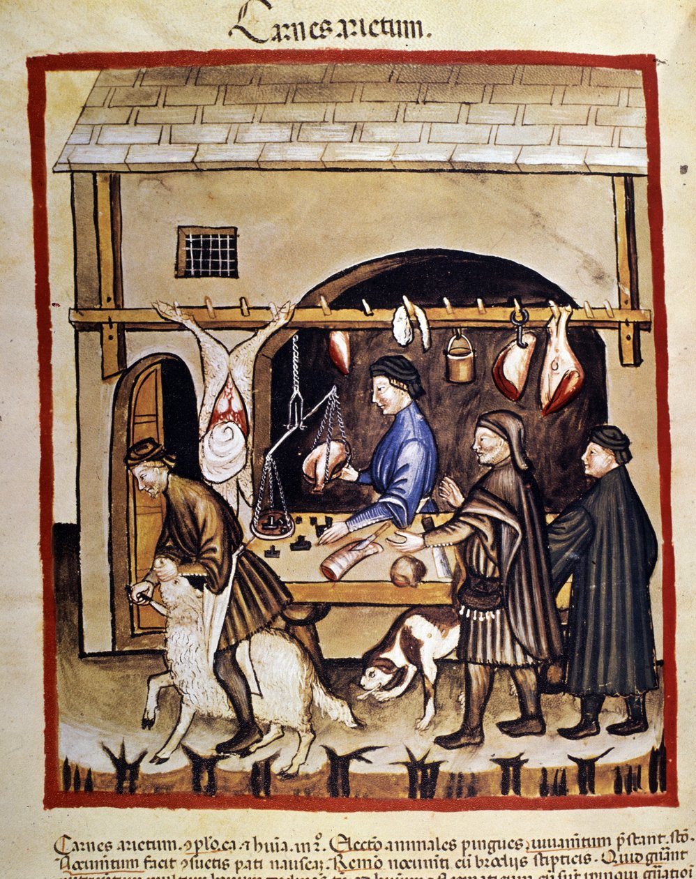 Produktion og salg (slagter) af fårekød. Et får bliver slagtet. Belysning fra malkning af medicin og diætetik "" Tacuinum sanitatis"" af Unknown artist