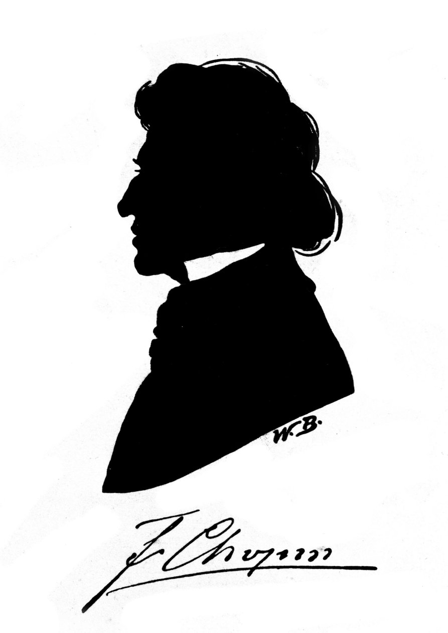 Profilsilhuet af den polske komponist Frederic Chopin (1810-1849) med autograf. 19. århundrede af Unknown artist