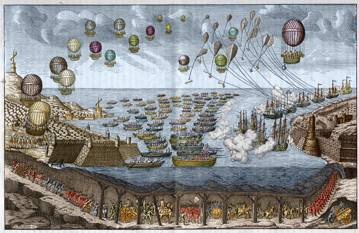 Angrebsprojekt (invasion) mod England i 1803 af Napoleon I - Franske tropper går gennem Kanaltunnelen, mens skibe og balloner angriber fra havet og luften - Indgravering af 1803 af Unknown artist