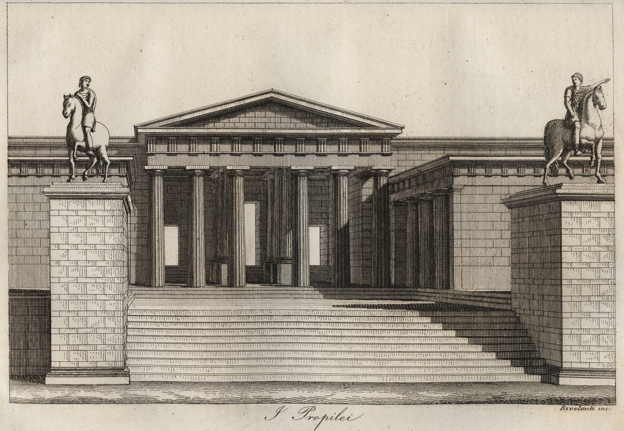 Propylees (Propylaea) (Akropolis i Athen) gravering fra "" skikke og traditioner for alle folk i universet. Det vil sige historien om regeringen, lovene, militsen, om alle nationers religion fra de fjerneste tider til i dag "1856 af Unknown artist