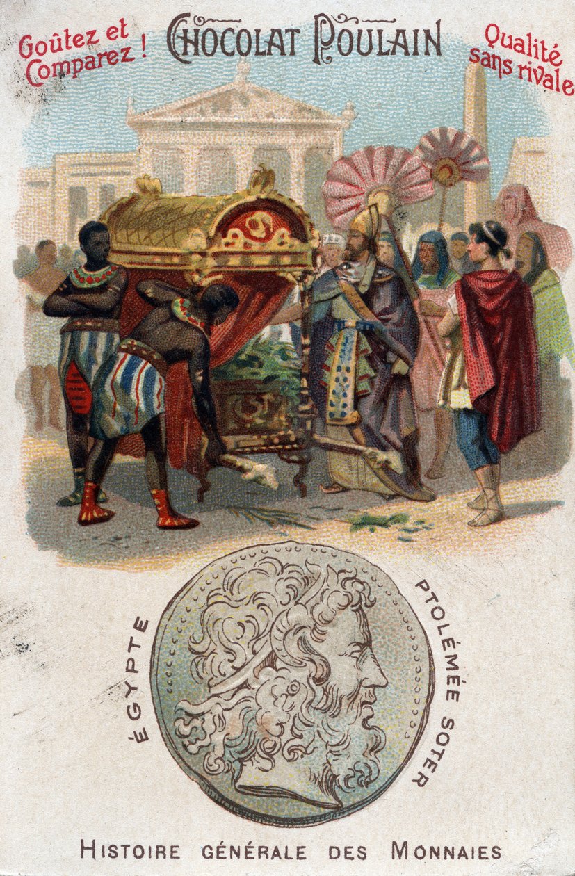 Ptolemæus I (360-283 f.Kr.) Soter (frelser) lod Alexander den Store begrave. I almindelig mønthistorie. Chokolade-føl kromolitografi fra slutningen af det 19. århundrede. Privat samling. af Unknown artist