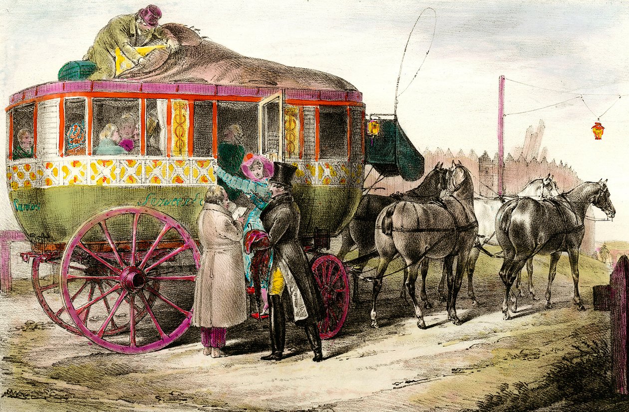 Offentlig transport: passagerer, der kommer ind i Parisienne Diligence. Indgravering af privatsamlingen fra det 19. århundrede af Unknown artist