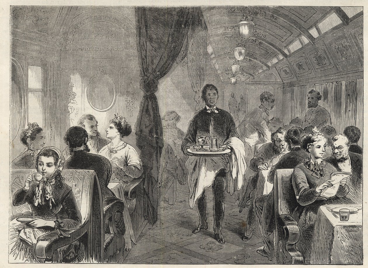 Pullman spisevogn fra Pacific Railways i 1869 - inde i et vognhotel på Pacific Railway - af Unknown artist