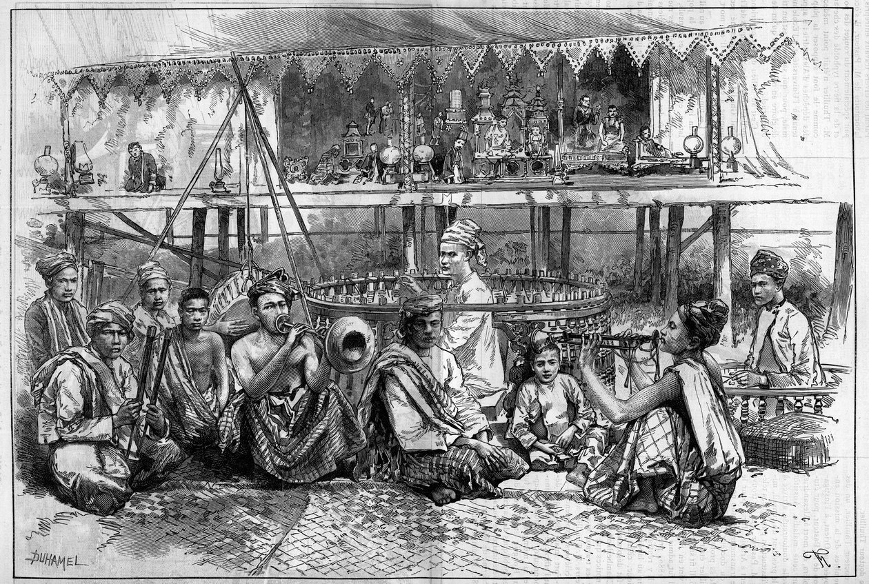 Dukketeater med musikere i Burma gravering i "The Illustrous World"" af Unknown artist