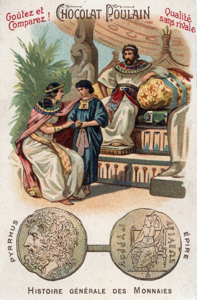 Pyrrhus I (eller Pyrrhos) konge af Epire fra 306 til 272 f.Kr. I almindelig mønthistorie. Chokolade-føl kromolitografi fra slutningen af det 19. århundrede. Privat samling. af Unknown artist