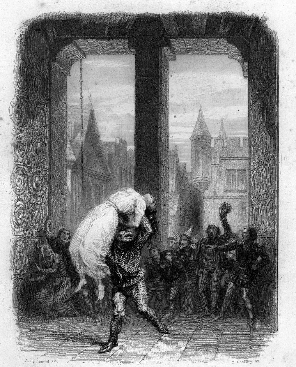 Quasimodo redder Esmeralda. Illustration af Notre Dame de Paris fra 1844 af Victor Hugo. af Unknown artist