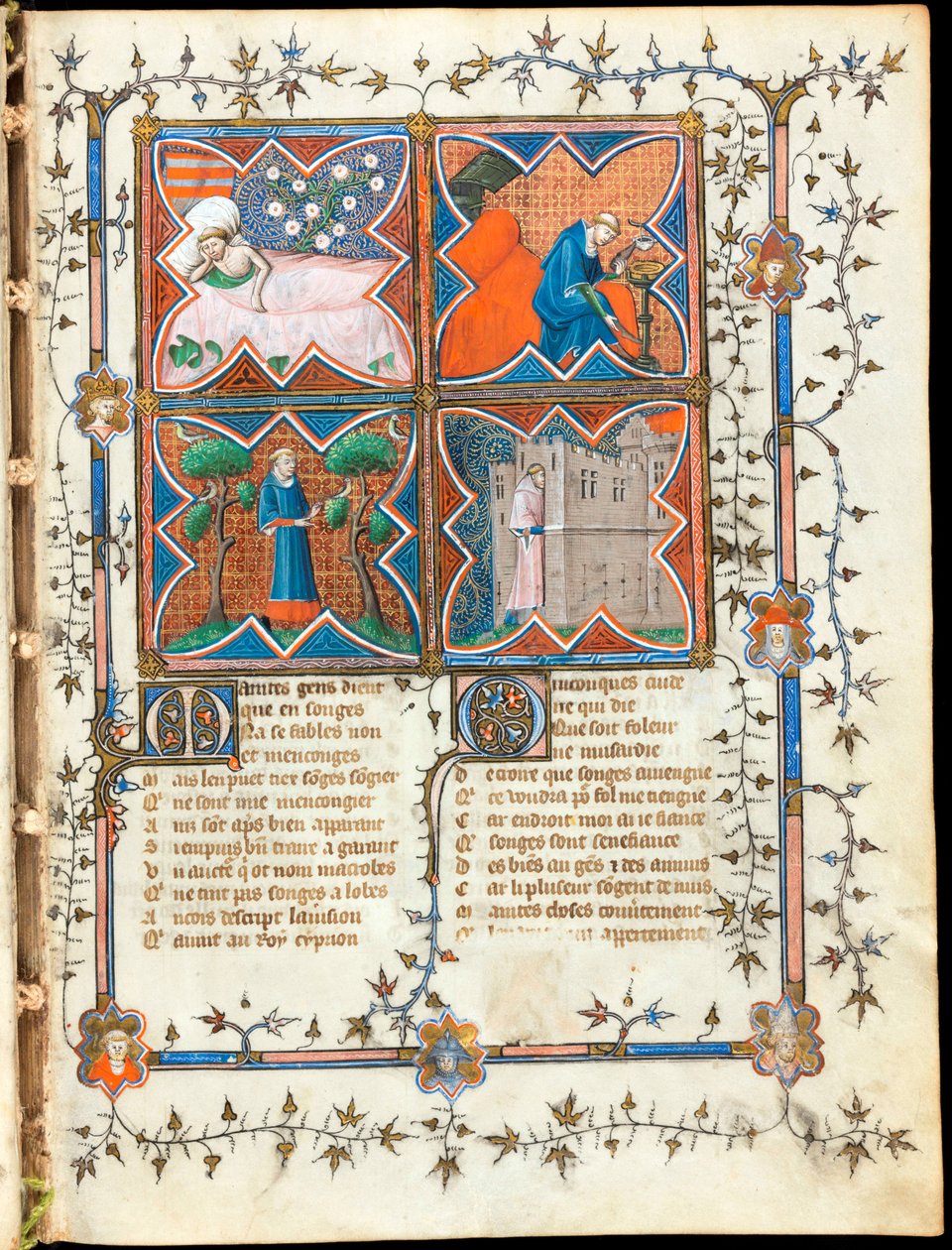 ""Fire mænd travlt med forskellige aktiviteter"" oplyst side fra manuskriptet ""Le Roman de la Rose"" af Guillaume de Lorris (omkring 1200-1238) og Jean de Meun (Meung) (1240-1305) omkring 1353 Schweiz, Genève bibliotek af Unknown artist