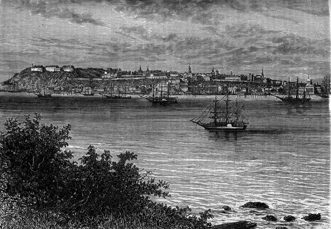 Quebec City, Canada, fra højre bred af St. Lawrence (St. Lawrence). Gravering i "" Le Journal de la jeunesse"" af Unknown artist