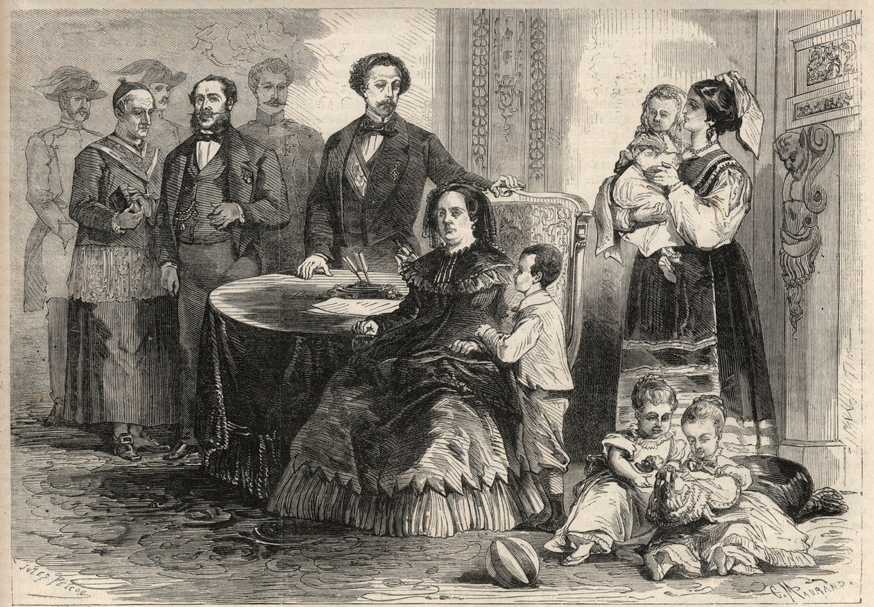 Dronning Isabella II af Spanien (Isabella af Bourbon) (1830-1904) og Francois af Assisi af Bourbon eller Francois I af Spanien (1822-1902) søgte tilflugt med deres børn på slottet Pau i Frankrig efter septemberrevolutionen (Gloriosa) . Blandt deres børn af Unknown artist
