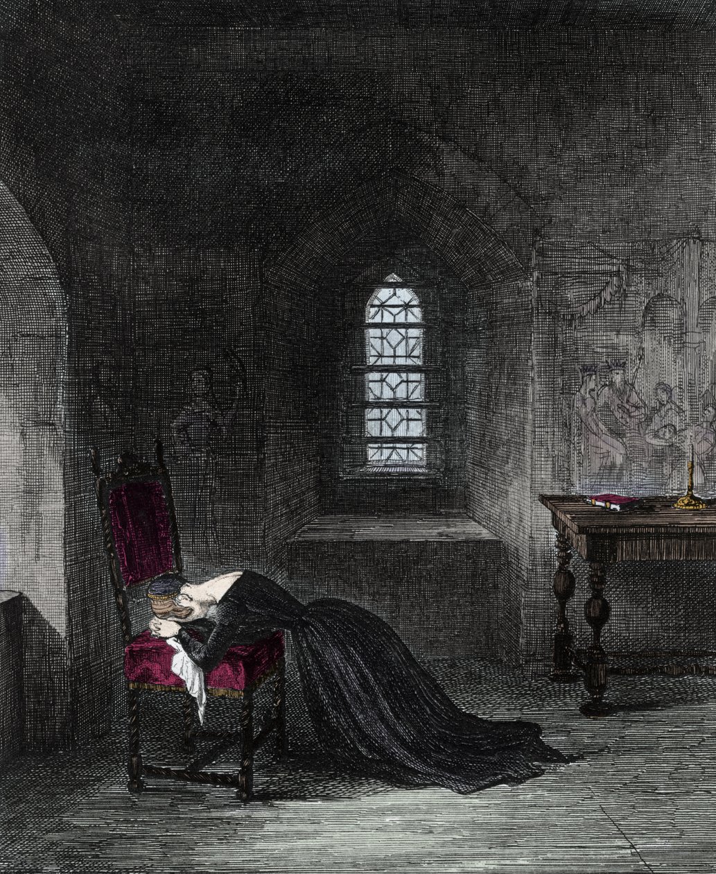 Dronning Jeanne Gray er fange i Tower of London. Lady Jane Gray (1537-1554), niece af kong Henry VIII, var dronning af England i 9 dage. Hendes kusine Mary (Mary Tudor), der gør krav på tronen, vil få hende fængslet og henrettet for højforræderi. Gravering af Unknown artist