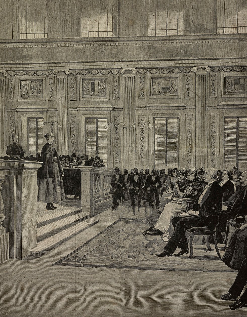 Dronning Margherita af Savoyen (1851-1926) overværer koncert på Istituto dei ciechi, Milano, Italien, tegning af E X fra L