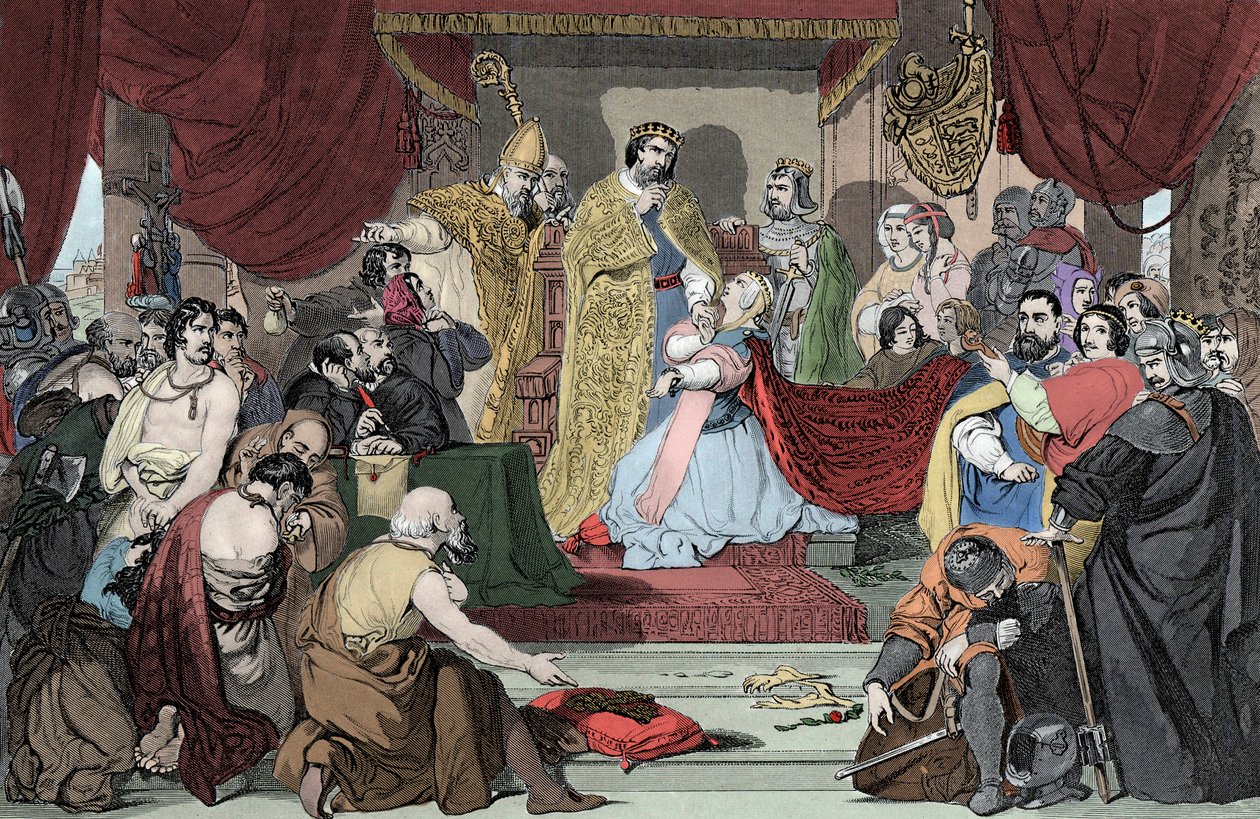 Dronning Philippa går i forbøn til Edward III for borgernes liv i Calais - Dronningen af Angeleterre Philippa af Hainaut (1314-1369), fortaler for borgerskabet i Calais før sin mand, kong Edward III af Unknown artist