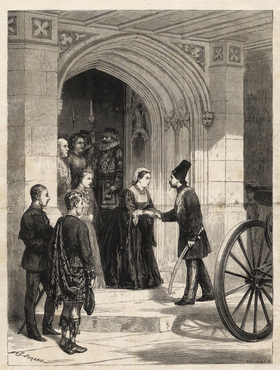 Dronning Victoria modtager Shahen af Persien (Naser al-Din Shah Qajar - Nassereddin Shah Qajar) (Nasser al-Din eller Nassereddin Shah, Nassiruddin Shah eller Nasir al Din) (1831-1896) ved suverænens indgang, Windsor Castle - 1873 Gravering fra 