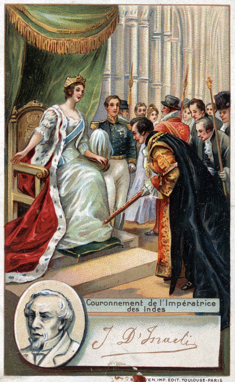 Dronning af England Victoria kronede Imperatrice af Indien 1877 med støtte fra Benjamin Disraeli (1804-1881) britisk forfatter og politiker. Kromolitografi af det 19. århundrede. af Unknown artist