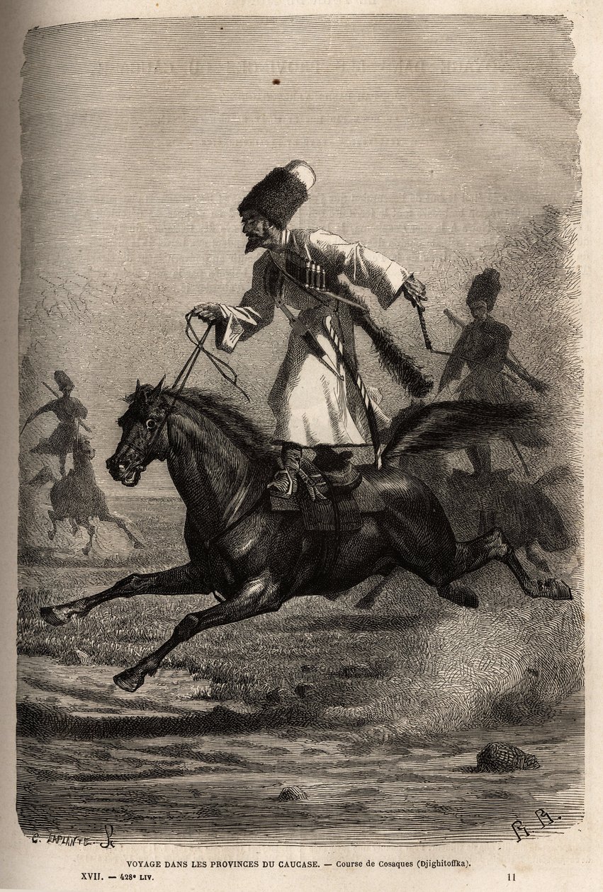 Race of Cossacks, klatrer i balance stående på deres sadel, ryttere pisker deres heste for at få dem til at galoppere. Gravering til illustration af rejsen i provinserne i Kaukasus, af Basile Vereschaguine, i 1864-1865, udgivet i "" Le tour du monde, nouve af Unknown artist