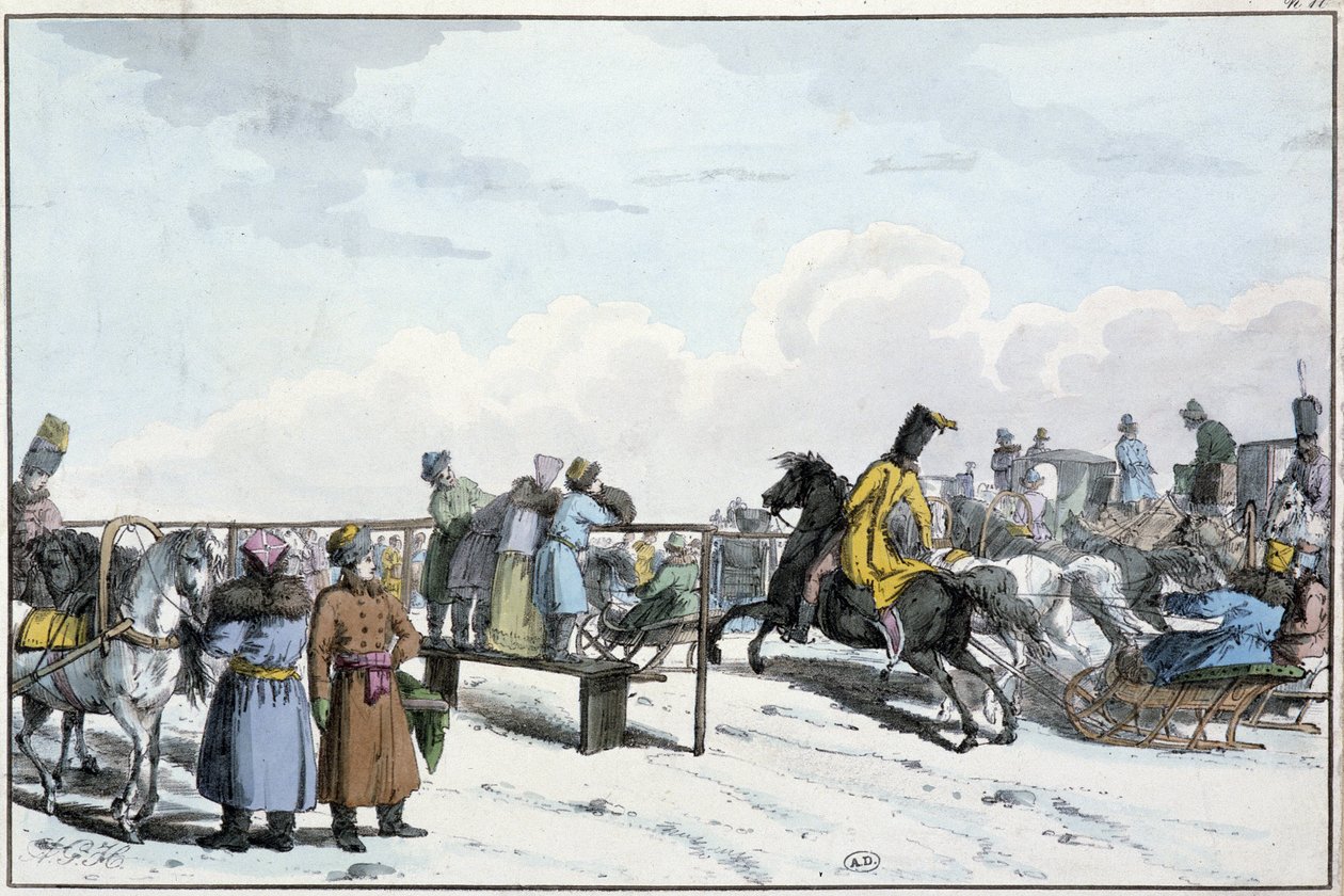 Race af kampvogne og heste i Rusland - gravering af Unknown artist