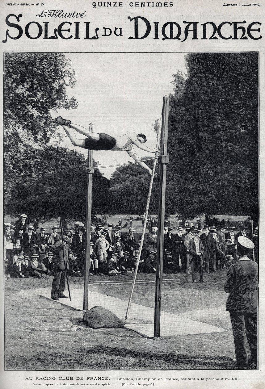 Frankrigs racerklub. Sheldon, mester i Frankrig, springer 2, 95 m for at springe a la Perche. Indgravering i "" Le sun-du-dimanche"", 2. juli af Unknown artist