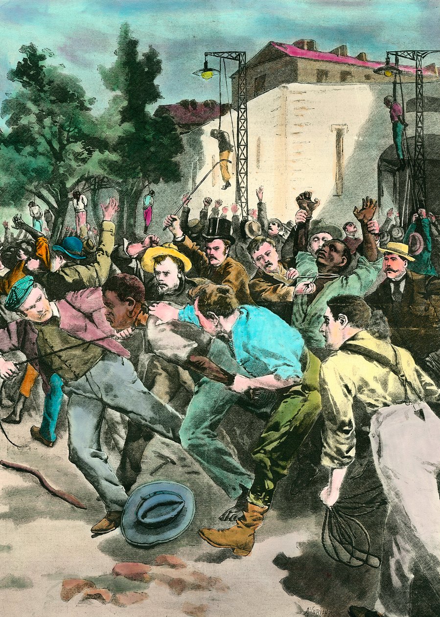 Racismescene: Sort lynchning i USA anklaget for at have dræbt hvide mennesker. Indgravering af det 19. århundrede. af Unknown artist