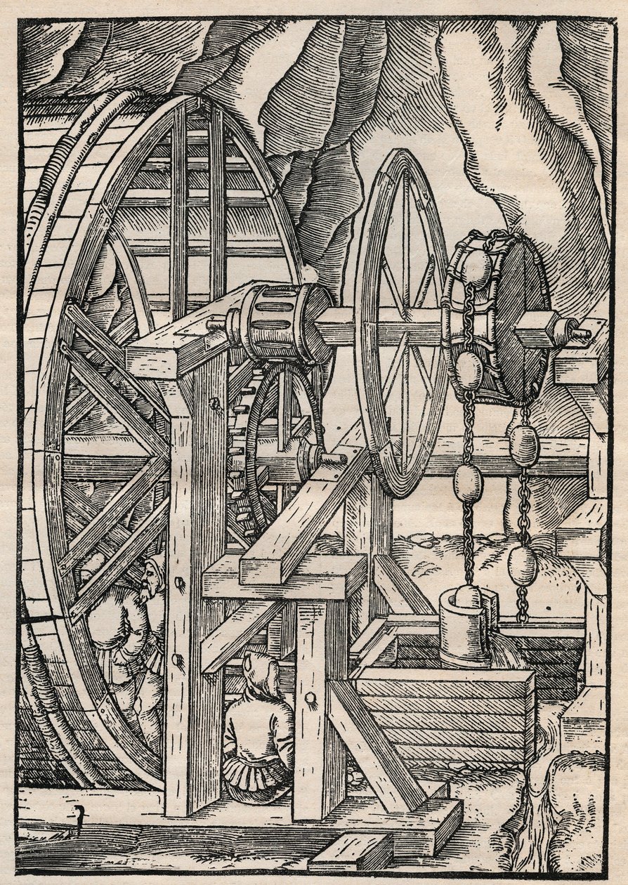 Pumpe-og-kæde-pumpe til at dræne en mine, der betjenes af mænd i løbebånd. Fra Agricola (George Bauer) De re metallica, Basel af Unknown artist