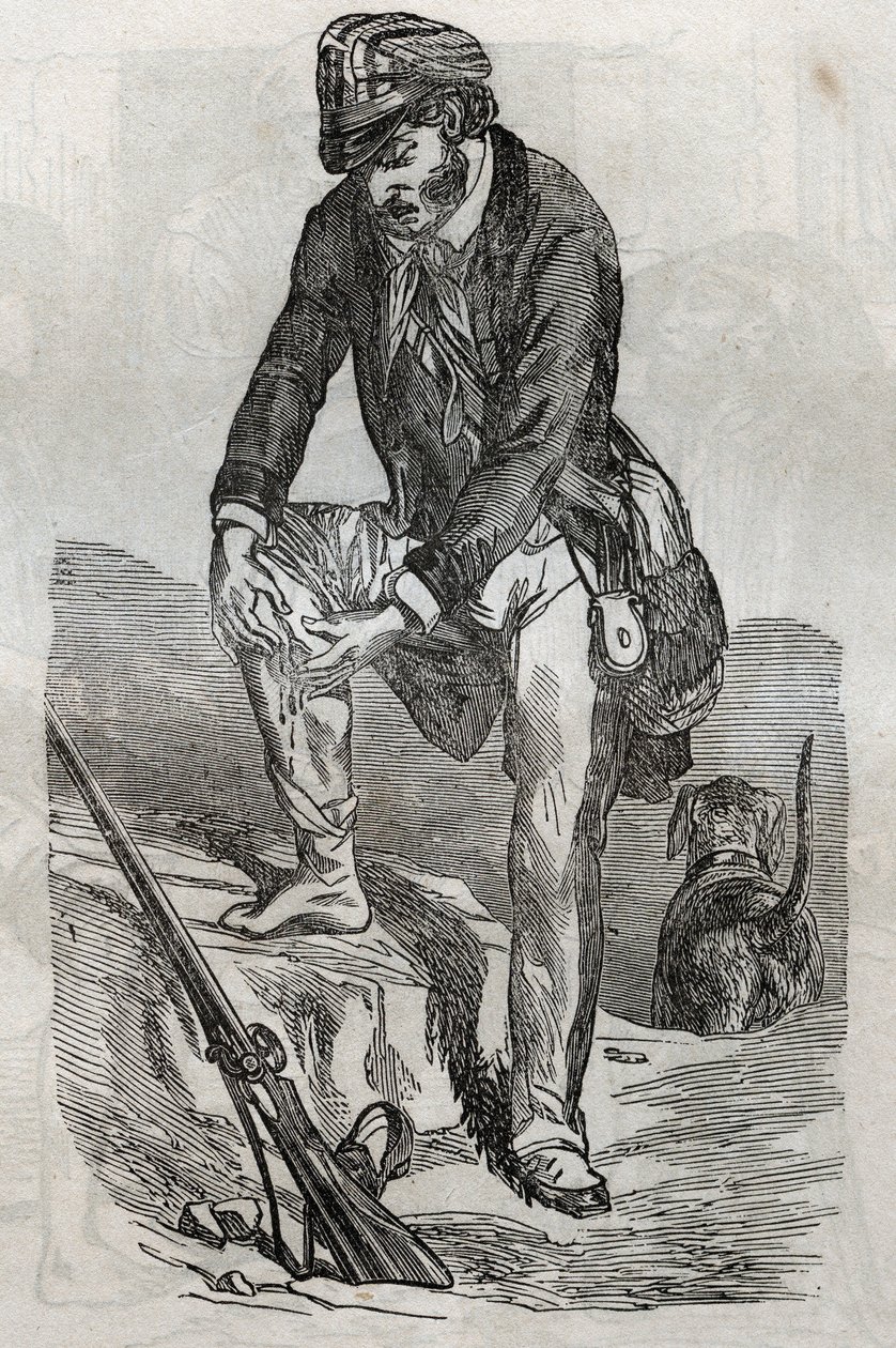 Rage - behandling af bid lavet af et rasende dyr - gør ondt ved at trykke hans sår - indgravering i "La Sante Universelle - Medicinsk vejledning for familier"" 1852 af Unknown artist