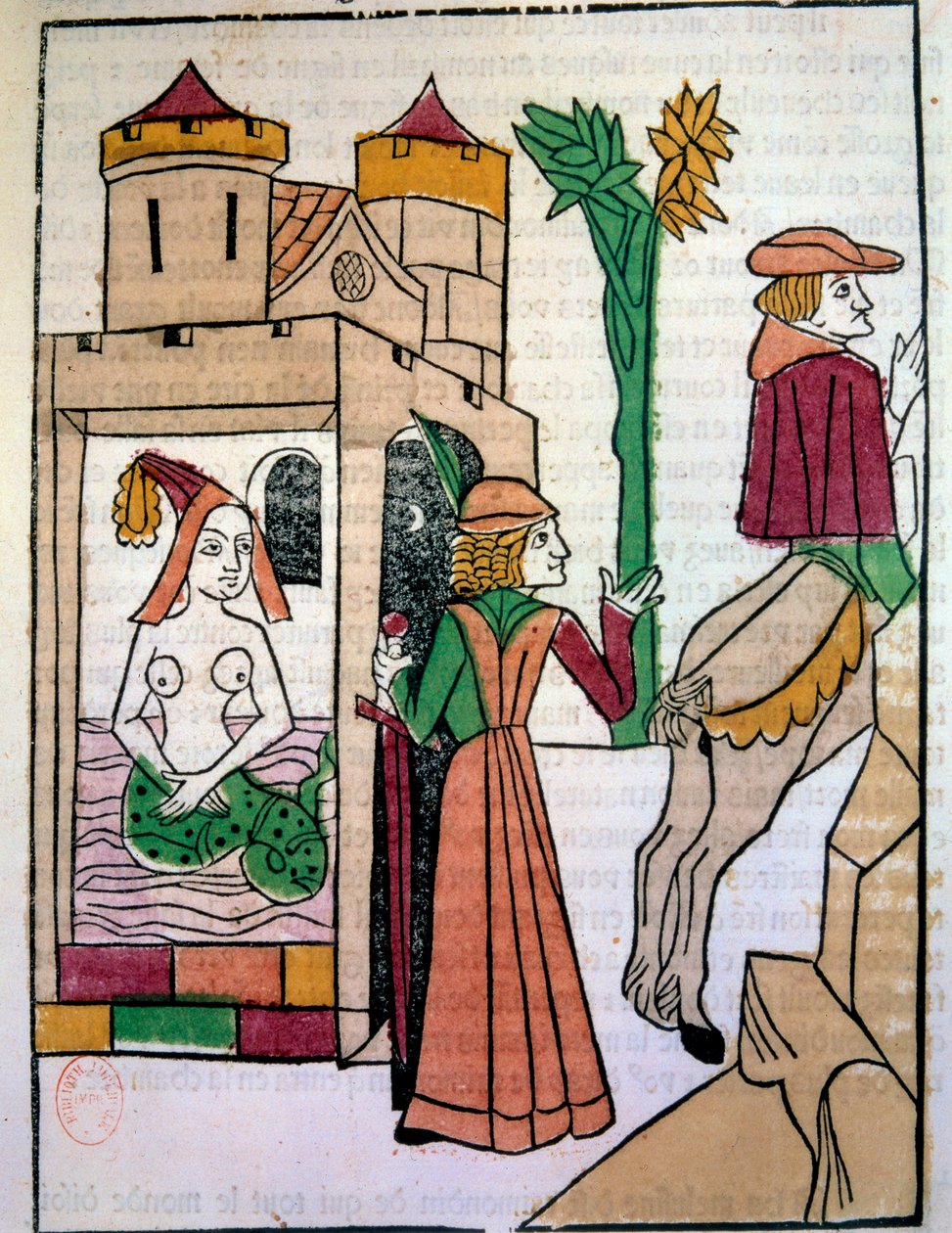 Raimondin spionerer på sin kone Melusine i badet. Håndbelyst træstik i "Histoire de Melusine"" (folio 142) skrevet af Jean d