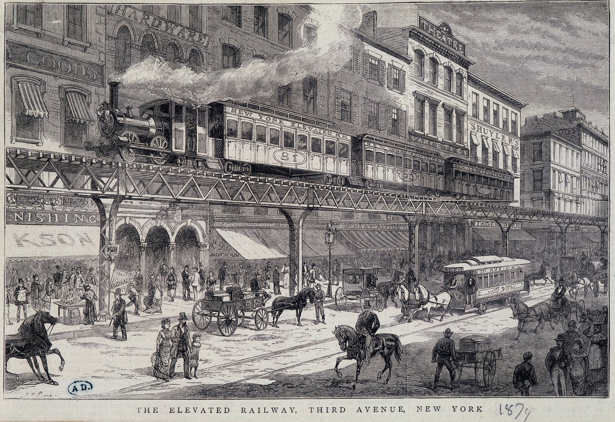 Forhøjet jernbane på 3rd Avenue, New York af Unknown artist